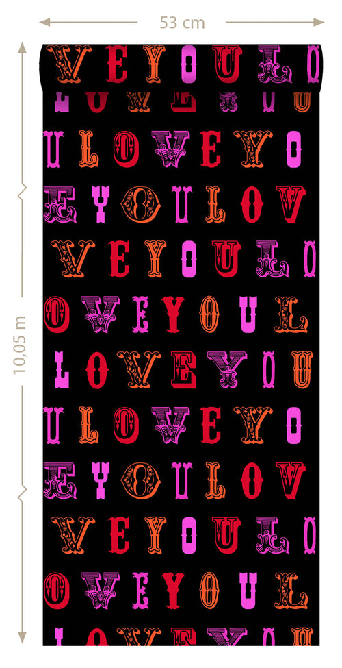 ESTAhome behang love you - quotes zwart en roze - 53 cm x 10.05 m - 136837