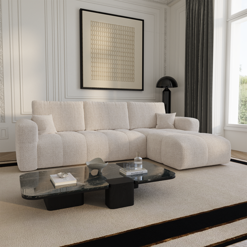 Premium Interiors - Rechthoekige hoekbank met slaapfunctie en opbergruimte VIBE - zacht aanvoelende geweven stof crème 286cm