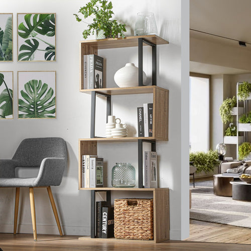Calicosy - Boekenkast met 4 Niveaus en Houten Decor - 30x60x147,5 cm