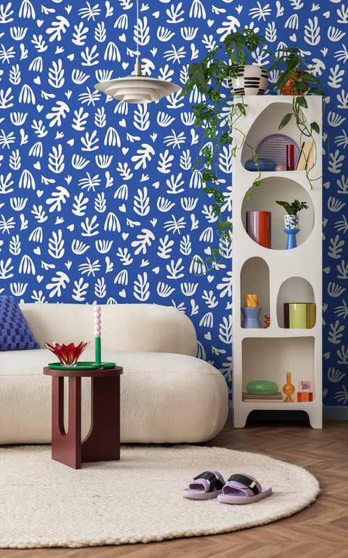 ESTAhome behang planten in Matisse stijl blauw en wit - 50 x 900 cm - 131020