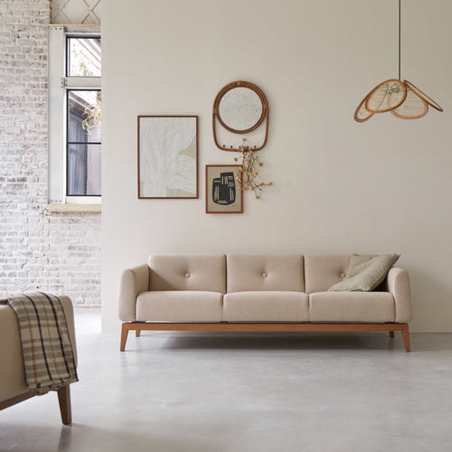 Tikamoon 3-zitsbank van massief eiken en ecru wol - Beige
