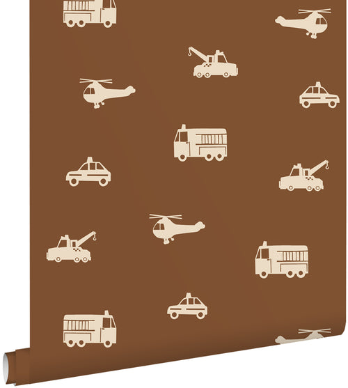ESTAhome behang auto's, brandweerauto's, helikopters en kranen bruin - 50 x 900 cm - 131453 - vtwonen shop