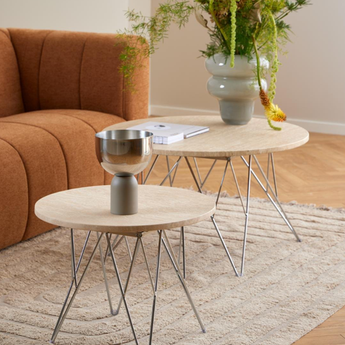 Rebellenclub Salontafel Broome - ø55 - Travertin Look Met Chrome Poten - vtwonen shop