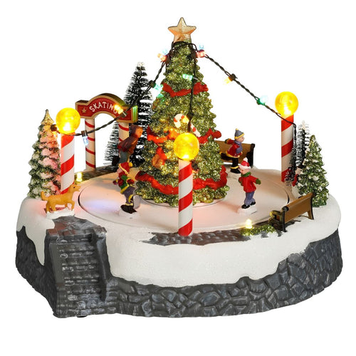 Luville Kerstdorp Kerstboomscène met Schaatsbaan - Kerstversiering met Bewegende Figuren en LED-verlichting - Guirlande op Batterijen - Kerstslingers