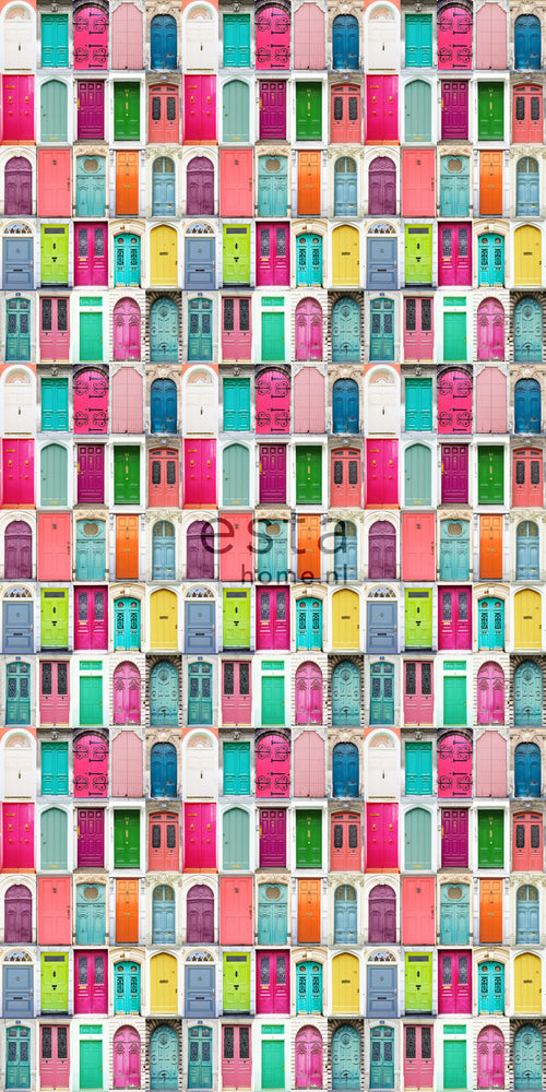 ESTAhome XXL behang gekleurde deuren roze, turquoise, oranje, geel en paars - 50 x 900 cm - 158607 - vtwonen shop