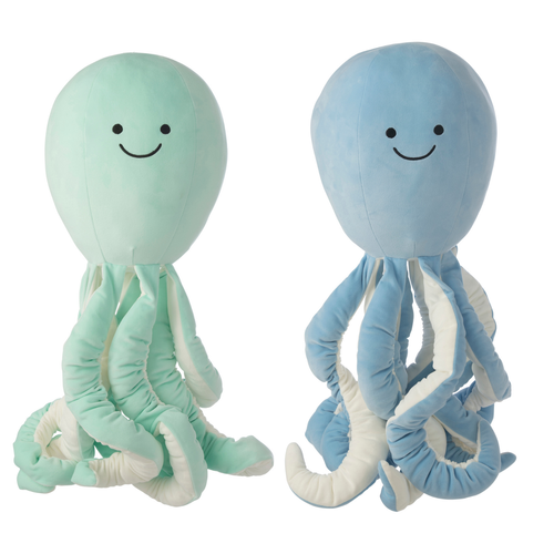 J-Line decoratie Octopus - polyester - blauw/muntgroen - set van 2