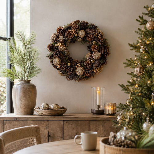 Mica Decorations Kerstkrans Brant H9 x Ø45 cm - Deurkrans met Dennenappels - Kerst Krans Deur en Tafel - Multifunctionele Kerstversiering - Bruin