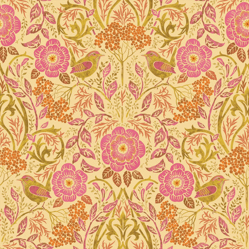 ESTAhome behang bloemen en vogels in art nouveau stijl geel en fuchsia roze - 50 x 900 cm - 131728