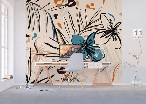 Sanders & Sanders fotobehang bloemmotief beige, blauw en oranje - 270 x 300 cm - 601181 - vtwonen shop