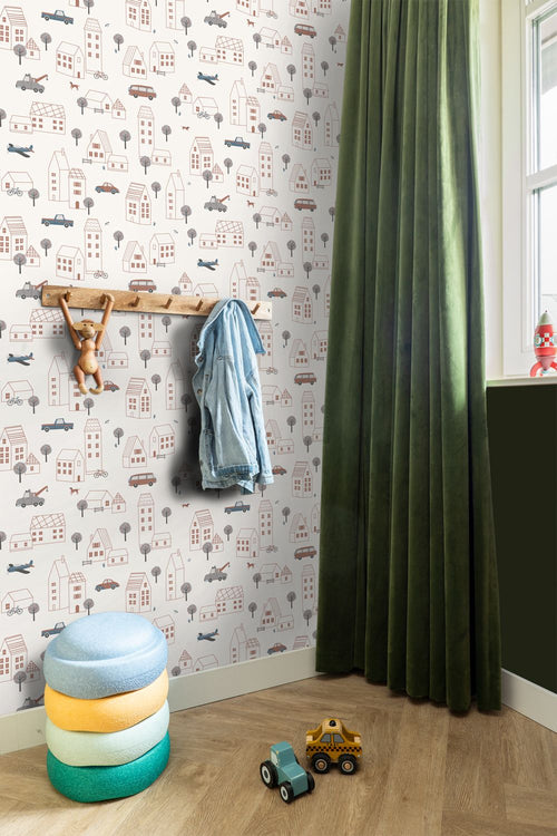 ESTAhome behang voertuigen beige, blauw en rood - 50 x 900 cm - 131825