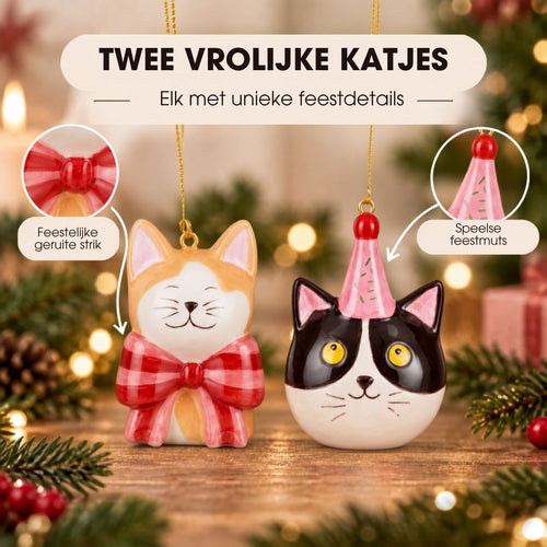Mica Decorations Ornament Cadeau Set Kat Oranje Zwart 2 Stuks - Kerstornamenten van Dolomiet met Strik en Feestmuts - Kerstboomhangers voor Kerstboom
