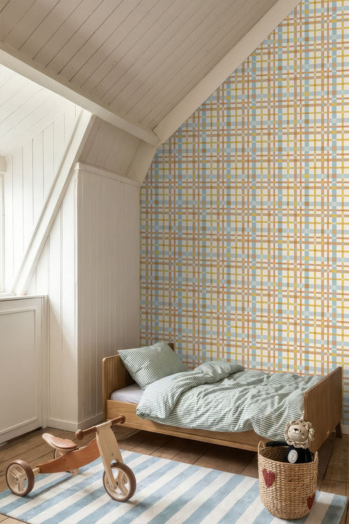 ESTAhome behang ruitjes blauw, geel en bruin - 50 x 900 cm - 132048