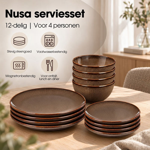 Mica Decorations Nusa Set Bruin 12-delig - Serviesset met Warme Uitstraling - Borden en Soepkommen van Steengoed voor Dagelijks Gebruik - Afmeting 28