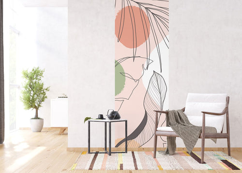 Sanders & Sanders poster getekende bladeren roze, groen en grijs - 90 x 270 cm - 601077 - vtwonen shop