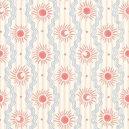 ESTAhome behang retro ornamenten beige, blauw en rood - 50 x 900 cm - 132014