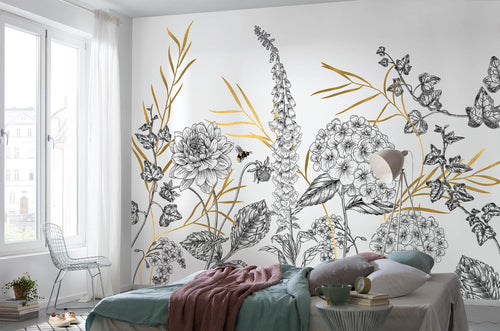 Sanders & Sanders fotobehang bloemen zwart wit en goud - 400 x 280 cm - 612472 - vtwonen shop