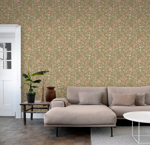 ESTAhome behang vintage bloemen groen en terracotta roze - 50 x 900 cm - 131330 - vtwonen shop