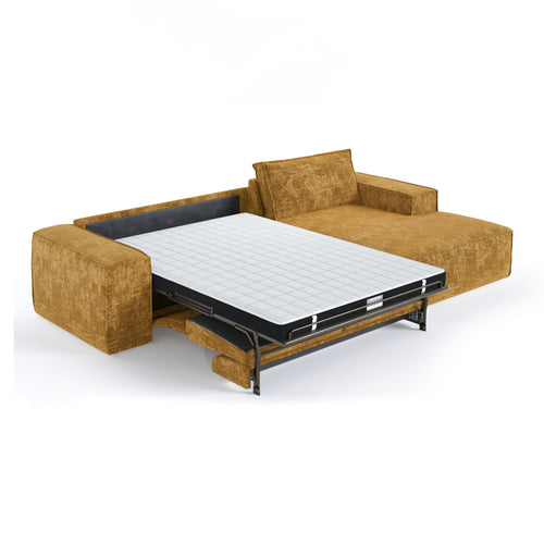 Premium Interiors - Rechthoekige hoekbank met snelle slaapfunctie JUNE - gewaafd fluweel mosterd 320cm