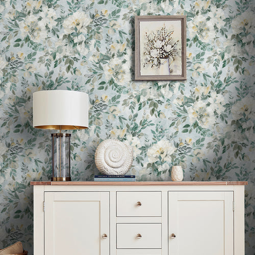 Laura Ashley Vliesbehang - Elowen Peony Pale Teal