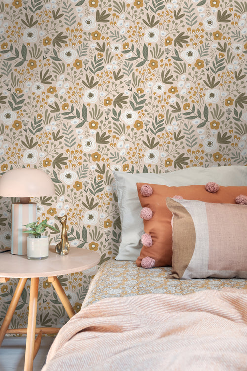 ESTAhome behang bloemetjes vergrijsd groen en bruin - 50 x 900 cm - 131068 - vtwonen shop