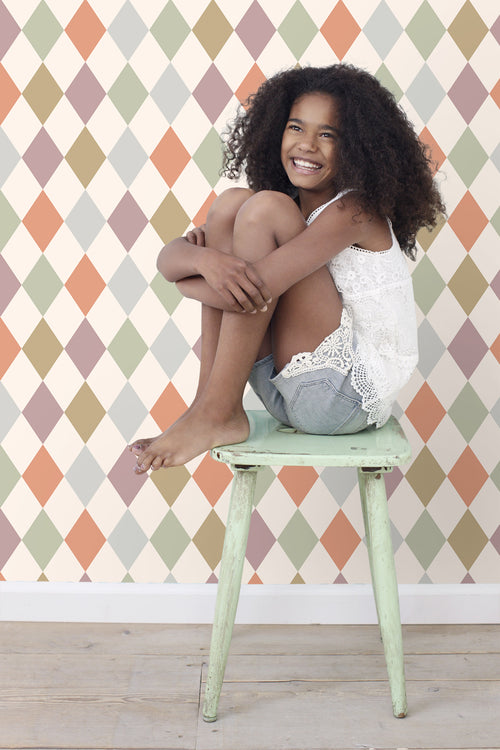 ESTAhome behang ruitjes beige, paars en terracotta - 50 x 900 cm - 131764