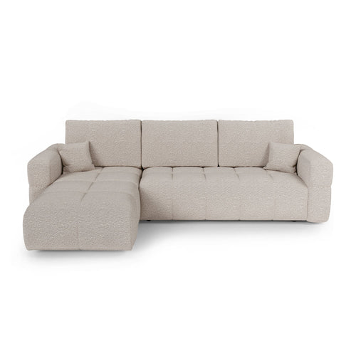 Premium Interiors - Linkshoekbank met slaapfunctie en opbergruimte VIBE - bouclé-stof beige 286cm