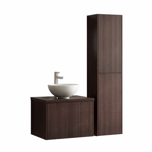 LOMAZOO badmeubelset Tropani - geribbeld - opbouw - met hoge kast & witte waskom - walnoot - 60 cm
