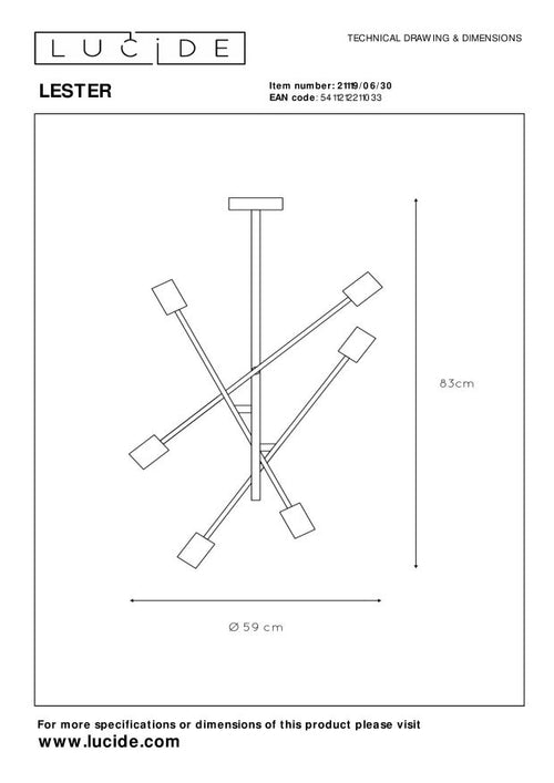 Lucide plafonnière LESTER - 6xE27 - Zwart - vtwonen shop