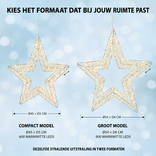 Luca Lighting Hangende Ster Kerstverlichting Zilver Warm Wit 900 LED - Kerstversiering met Timer en Adapter - IJzerdraad Sterlicht voor Raam of Muur -