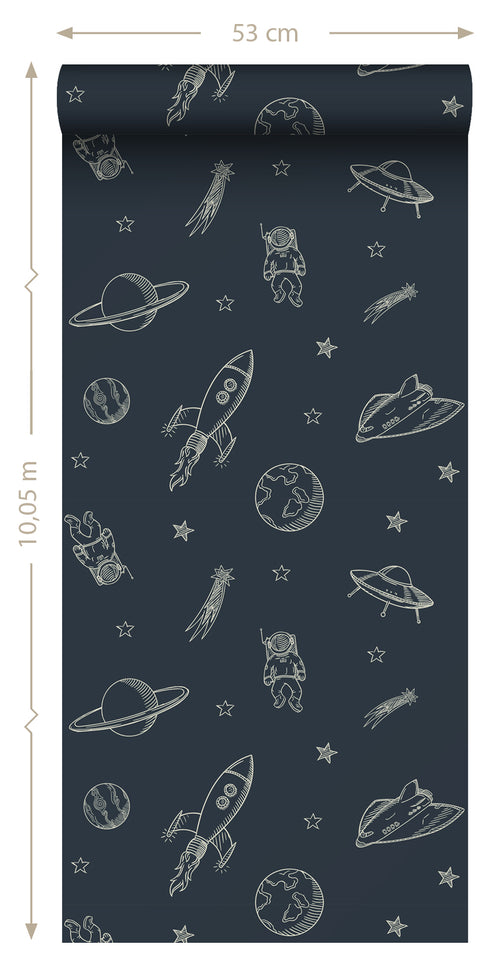 ESTAhome behang planeten in de ruimte donkerblauw - 50 x 900 cm - 139423