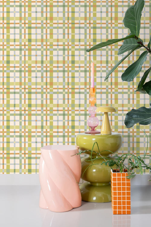 ESTAhome behang ruitjes groen, blauw en terracotta - 50 x 900 cm - 132050