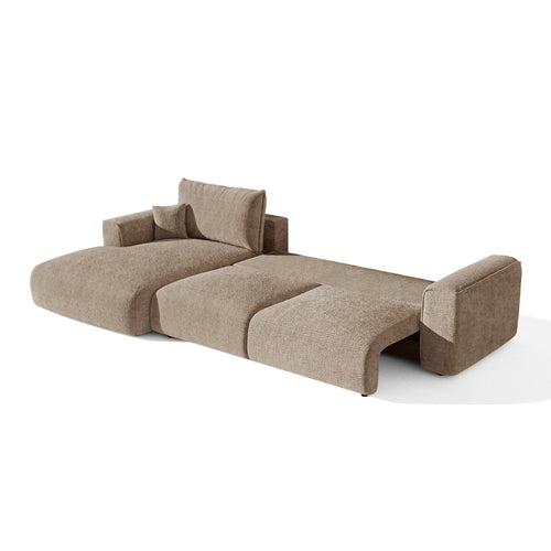 Premium Interiors - Linkshoekbank met slaapfunctie en opbergruimte COMO - zacht aanvoelende geweven stof bruin 297cm