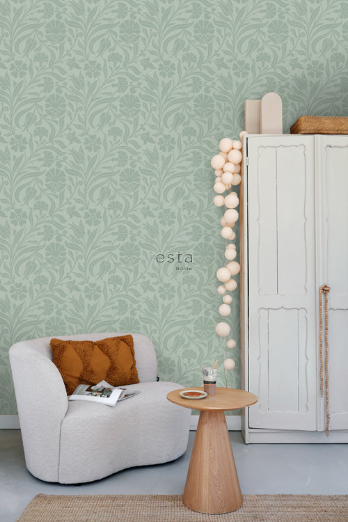 ESTAhome behang bloemen vergrijsd mintgroen - 50 x 900 cm - 139295 - vtwonen shop