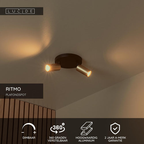 Lucide plafondspot RITMO - 2xGU10 (MR11) - Mat Goud / Messing