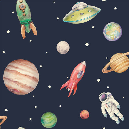 Sanders & Sanders behang planeten in de ruimte donkerblauw, groen en rood - 53 cm x 10.05 m - 935347