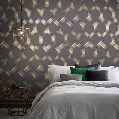 Graham & Brown Vliesbehang - Vector Graphite Goud