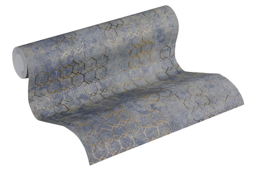Livingwalls behang hexagon vergrijsd blauw, grijs en goud - 53 cm x 10.05 m - AS-374245