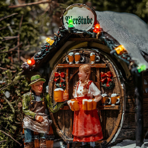 Luville Kerstdorp Miniatuur Bierstube - Kerstversiering Kerstdorpminiatuur met Verlichting - Guirlande Café in Biervat Vorm - Kerstslingers met Vrouw