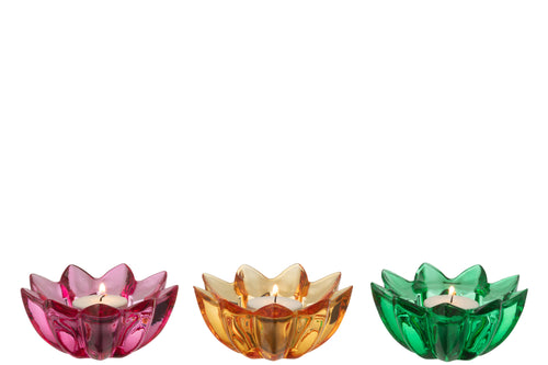 J-Line theelichthouder Bloem - glas - mix - 3 stuks