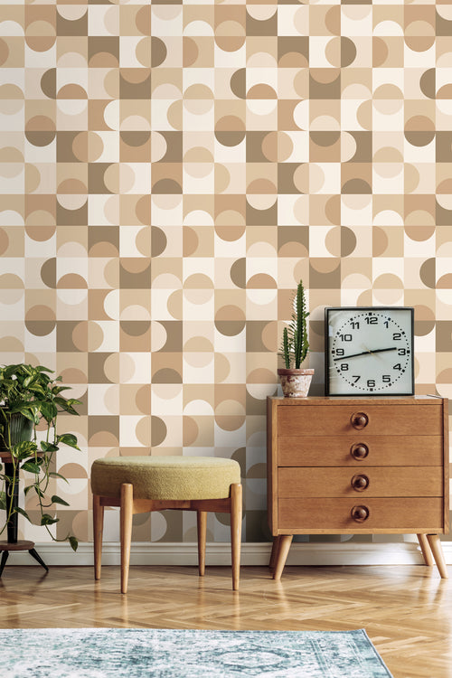 ESTAhome behang cirkels in Bauhaus stijl beige, bruin en wit - 50 x 900 cm - 130937 - vtwonen shop