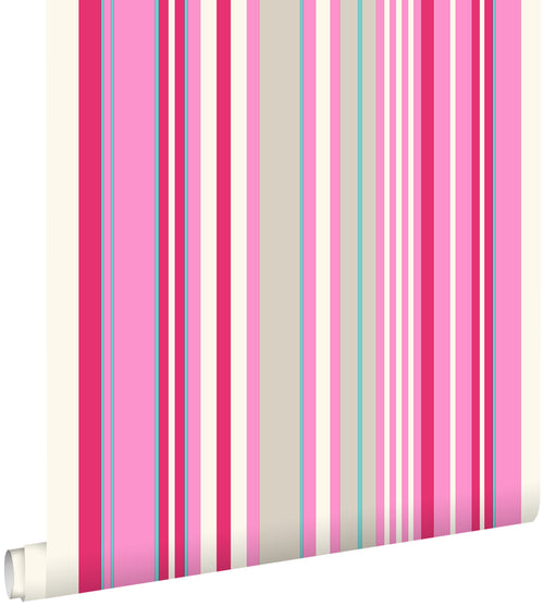 ESTAhome behang strepen roze en turquoise - 53 cm x 10.05 m - 116531