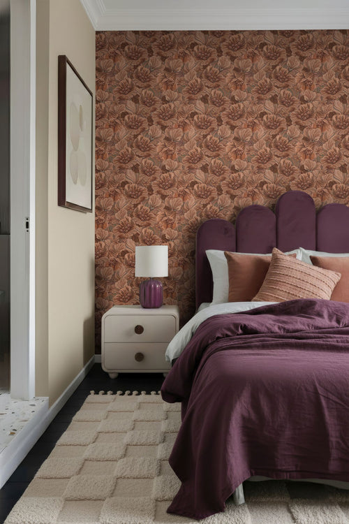 ESTAhome behang geborduurd bloemmotief donkerbruin - 50 x 900 cm - 131869
