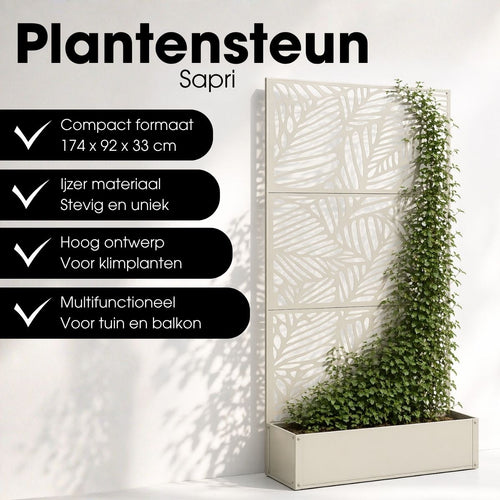Mica Decorations Sapri Plantensteun - Plantenbak met Klimrek voor Klimplanten - Plantenstandaard Vrijstaand of tegen Muur - 92 x 33 x 174 cm - Off