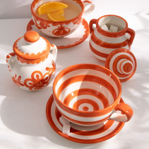 J-Line kopje + schoteltje Granada Stripes - keamiek - wit/oranje
