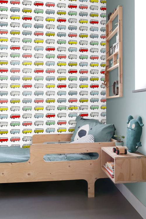 ESTAhome XXL behang vintage transporters geel, blauw, grijs, rood en groen - 50 x 900 cm - 158713 - vtwonen shop