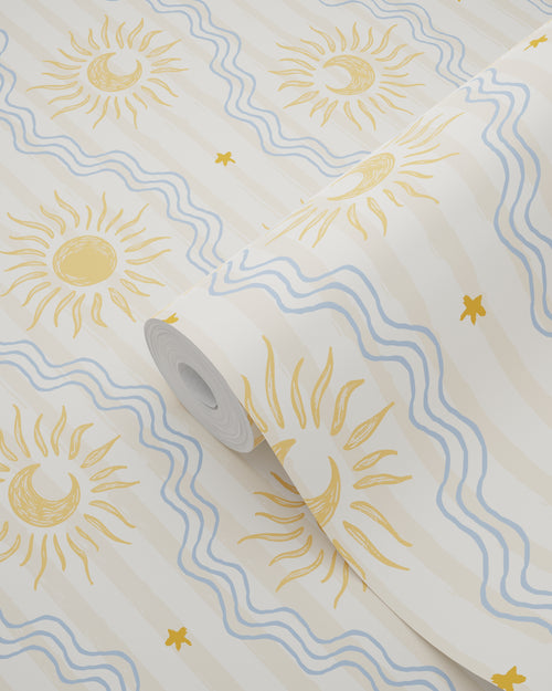 ESTAhome behang retro ornamenten beige, blauw en geel - 50 x 900 cm - 132017