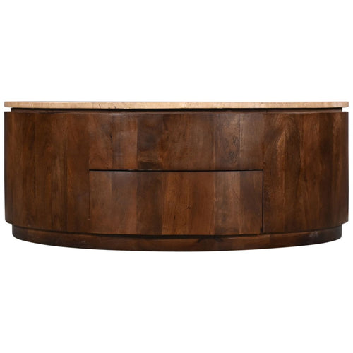 Giga Meubel Salontafel Elan Rond - Travertin - Walnoot - 90x90x35cm - Incl. Lades - vtwonen shop