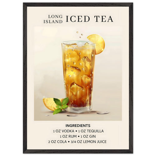 Artfulprints Poster met Lijst Long Island Iced Tea cocktail - Ingrediënten   - 50x70 cm - Grijs