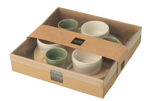 J-Line tapasplank 6 kommen + bambouschaal In Doos - keramiek/hout - wit/groen - vtwonen shop
