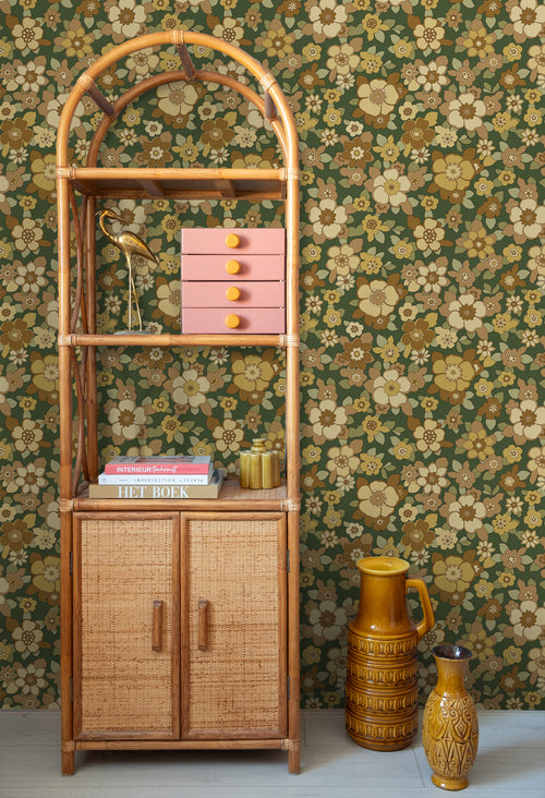 ESTAhome behang retro bloemen donkergroen en geel - 50 x 900 cm - 131528 - vtwonen shop